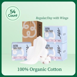 RPE Life Day/Regular Pads with Wings - 100% Organic Cotton - 18 or 54 ct, Ultra Thin, Absorbent and Wider Wings, Leak-Proof Protection, Large Value Pack, First-Time Friendly:_3 Box (54 Count)