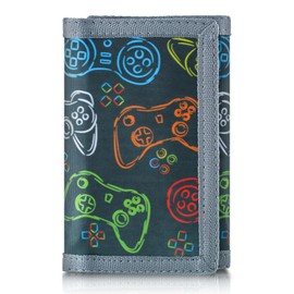 JONYEE Kids Wallet for Boys Ages 4-18, Novelty Trifold Wallet with Key Chain and Zipper Coin Pocket for Teens Children Girls Toddler, Canvas Wallet for Outdoors Sports Birthday Gifts-Game Black