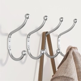 Silver Coat Hooks for Wall Hanging - Coat Hooks Wall Mount, Wall Hooks for Hanging Heavy Duty, Metal Rustic Hooks, Chrome Hooks for Clothes, Backpack, Towel, Hat, Keys, Decorative Coat Hooks Wall