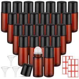 Sumind 24 Pcs 50ml Essential Oil Roller Bottles Glass Roller Deodorant Bottle Brown Roller Ball Container Empty Refillable Rollerball Bottle with Stainless Steel Roller Balls, Funnel and Sticker