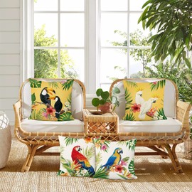 Bonhause Tropical Birds Toucan Throw Pillow Covers 18 x 18 Inch Parrots Flowers Leaves Outdoor Decorative Pillows Polyester Linen Cushion Cases for Couch Sofa Bed Home Decor Set of 4