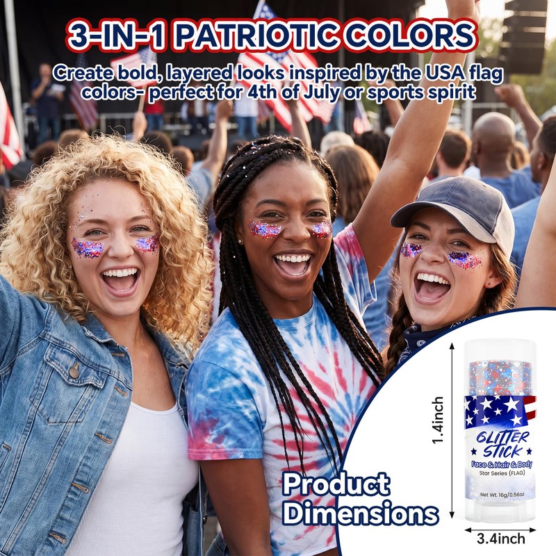 Red White and Blue Body Glitter Stick, 4th of July
