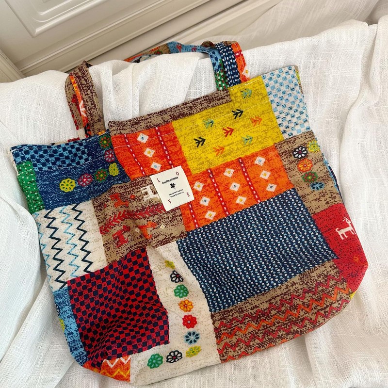 Marjoramy Cotton Fabric Bag, Printed Shoulder Bag with Handles, Large