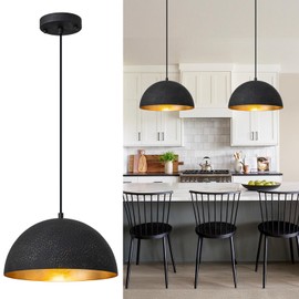 Yezgge Farmhouse Pendant Light,11.8" Black with Gold Grain Industrial Dome Chandelier,Adjustable Vintage Pendant Lights Kitchen Island for Dining Room,Bedroom,Hallway