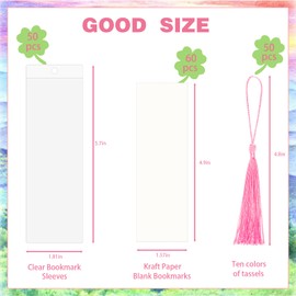 Bizsyumi 50 Sets Bookmark Making Kit, with 50 Clear Bookmark Sleeves, 50 Colorful Tassels, 60 Kraft Paper Blank Bookmarks, DIY Bookmarks for Party, Gift Tags or Record Your Mood