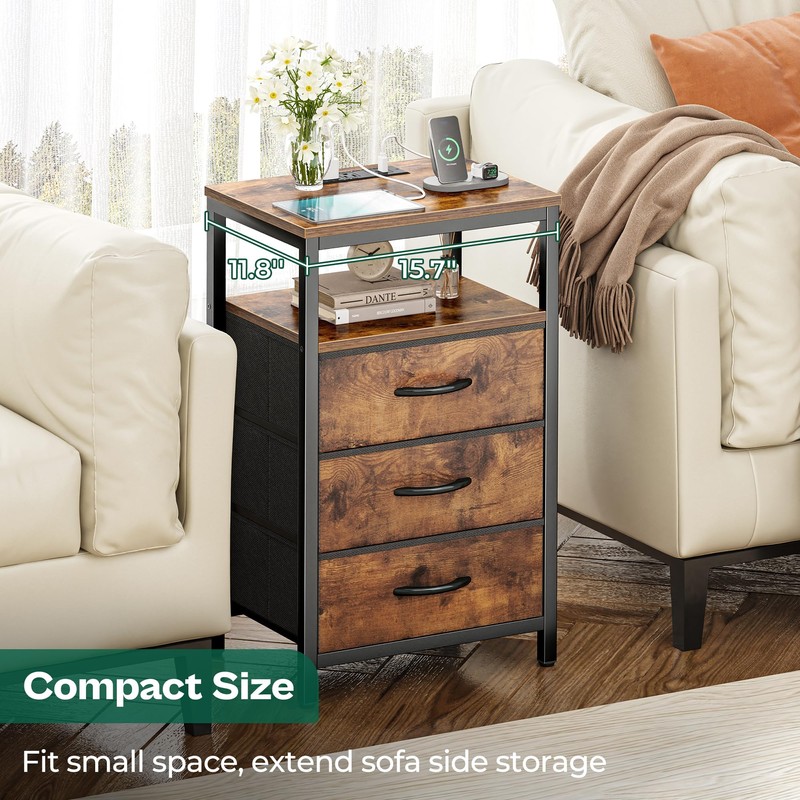 Huuger Nightstand with Charging Station, 27.6 Inch Bedside Table with