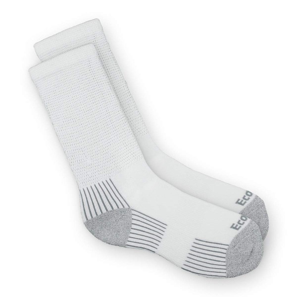 EcoSox Bamboo Viscose Diabetic Non-Binding Crew Socks | Integrated Smooth Toe | Pillow Cushioning | Improve Foot Health w/Better Circulation (Large - White w/Gray) 019-0.