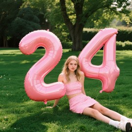 40 Inch Pearlescent Pink Number 24 Balloon Number 24 Balloon 40 Inch, 24th Birthday Party Decorations for Boy or Girl Huge Mylar Anniversary Party Supplies