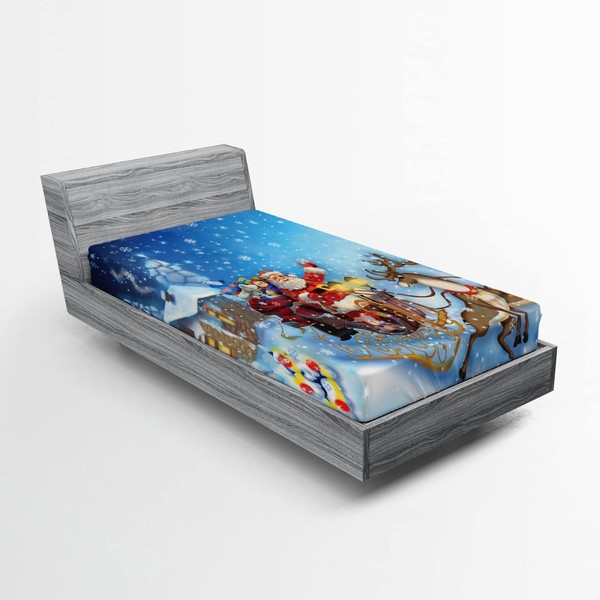 Ambesonne Christmas Fitted Sheet, Santa in Sleigh Reindeer and Snowy