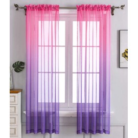 Pink Purple Ombre Sheer Curtains for Kids playroom 2 Panels Rod Pocket Bedroom Window Semi Voile Drapes Faux Linen Décor Girls Livingroom Room Decoration Party (Pink and Purple, 54 x 63 Inch)