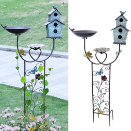 43.5" H Bird Bath and Metal Birdhouses for Outdoors,Metal Standing Bird Bath and Climbing Plant Trellis 4-in-1,Garden Yard Decor