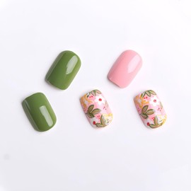 BFY Flower Press on Nails Short Square Fake Nails, Cartoon Flowers Green Acrylic Nails Tip, Spring Summer Glossy Gel False Nails Kits Natural Fit Stick on Nails Glue 24Pcs