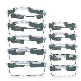 VERONES 10 Pack Glass Meal Prep Containers, Airtight Glass Lunch Containers, Stackable Glass Food Storage Containers Set with Lids,Exclusive of BPA,for Microwave, Oven, Freezer & Dishwasher,Grey