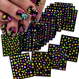 24 Sheets Fluorescent Nail Art Stickers Colorful Flower Nail Decals 3D Self-Adhesive Fluorescence Butterfly Stars Floral Love Heart Design Nail Art Sticker Decoration for Women Manicure Supplies
