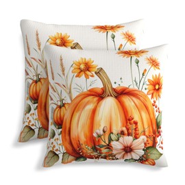 Fall Orange Pumpkin Floral Pillow Covers 18x18 Inch Set of 2 Autumn Themed Decorative Throw Pillows Outdoor Farmhouse Thanksgiving Decor Cushion Covers for Sofa Bed Couch Living Room