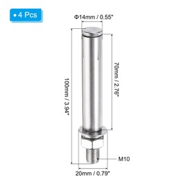 PATIKIL M10 x 100mm Expansion Bolts, 4Pcs 304 Stainless Steel Expansion Screw Bolts Sleeve Anchoring Fastener for Wall Concrete Brick Wall Drywall Air Conditioner, Silver