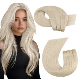 Moresoo Weft Hair Extensions Human Hair Blonde Remy Double Weft Sew in Hair Extensions Human Hair Platinum Blonde Hair Wefts Human Hair Blonde #60 20Inch 100G