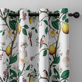 MYSKY HOME Floral Blackout Curtains 84 inch Long for Living Room Vintage French Country Grommet Lemon Hummingbird Patterned Room Darkening Thermal Drapes Bedroom Dining Room, 2 Pcs, 52", Greyish White