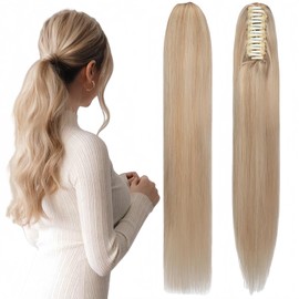 UAAUAA Claw Clip Ponytail Extension Real Human Hair Long Straight Hairpiece for Women (Balayage Wheat Blonde to Bleach Blonde, 14 inch)
