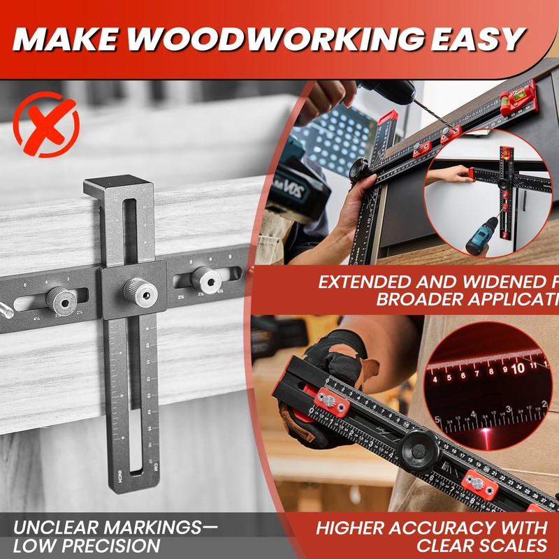 Saker 4-in-1 Drilling Positioning Ruler, Adjustable 13.78in Multifunctional T Square