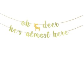 KUNGOON Oh Deer He's Almost Here Banner, Gold Glitter Baby Shower Decoration, Woodland Theme Party Supplies,Woodland Creature Boy's Birthday Party Decoration.