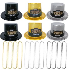 HEREER 2025 Happy New Year's Eve Decoration Set 6 Pcs New Year's Eve Top Hat with 12 Pcs Gold Black Silver Bead Necklaces for Men and Women New Year's Eve Party