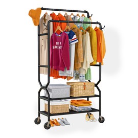 Wiracks Clothes Rack Double Rods Clothing Racks for Hanging Clothes Rolling Garment Rack 200LBS Loading Capcaity Sturdy Clothes Rack 2 Storage Shelf with 600D Oxford cloth