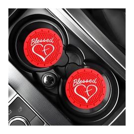 KVAEY 2 PCS Car Cup Holder Coaster, 2.76 Inch Anti Slip Vehicle Drink Mat with Cute Blessed Cross and Heart, Shockproof Cup Holder Coaster for Most Cars, Universal Car Accessories (Red)