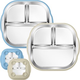 BUSOHA 2 Pack Stainless Steel Kids Plate with Suction - 9.4"X 8.6" Divided Toddler Baby Plates with Silicone Sleeves 2-in-1 Non-Slip Anti Breakage Metal Toddler Bowls