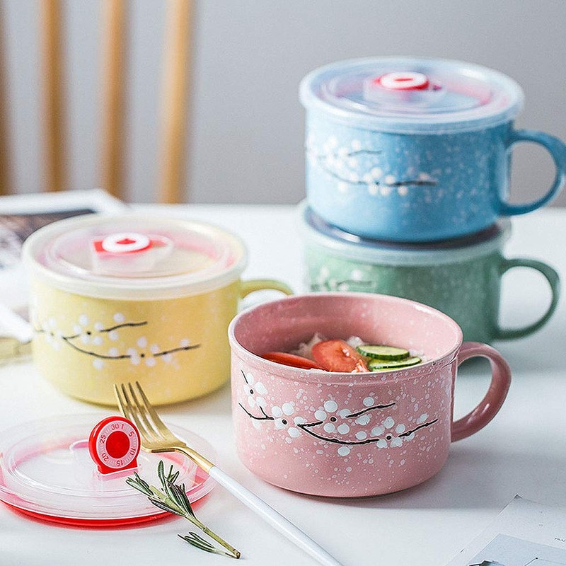 VanEnjoy 30oz Ceramic Bowl Set with Lid & Handle,Cherry Blossoms