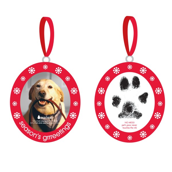 Pearhead Christmas Pawprints Double-Sided Holiday Photo Ornament, Season's Grrreetings Dog or Cat DIY Pawprint Keepsake, Pet Picture Christmas Tree Ornament, With Included Clean-Touch Ink Pad