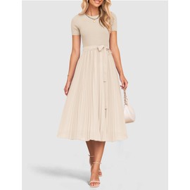 ZESICA Womens Summer Short Sleeve Midi Dresses Spring Casual Crew Neck Knit Belted Pleated A Line Flowy Wedding Guest Dress,Apricot,Medium