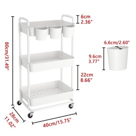 JIUYOTREE 3-Tier Plastic Rolling Storage Cart Utility Cart with Extra Hanging Cups Handles Lockable Wheels for Living Room Bathroom Kitchen Office White