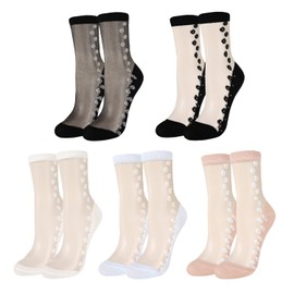 Benefeet Sox 5 Pairs Sheer Socks Thin Mesh Lace Socks for Women Colorful Transparent See Through Ankle Socks Nylon Socks Flower Jacquard Crystal Glass Socks Floral Patterned Vintage Fashion Crew Socks