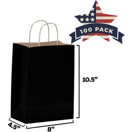 Black Paper Bags with Handles - 100 Pcs 8x4.5x10.5 inches Bulk Gift Bags, Shopping Bags, Party Bags, Favor Bags, Goody Bags, Cub, Business Bags, Kraft Paper Bags, Retail Bags, Merchandise Bags