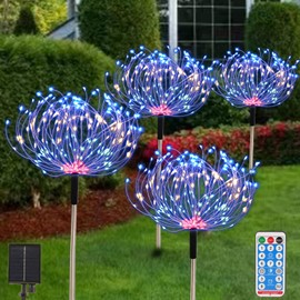 Fireworks Solar Lights Outdoor 4 Pack 480 LED Pathway Lights Solar Powered Starburst Fairy Lights Waterproof 8 Lighting Modes with Remote Control for Patio Christmas Yard Decorative(Multi-colored)