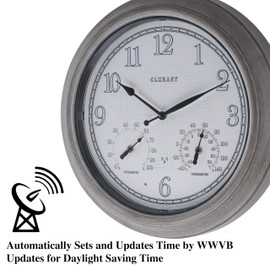 CLXEAST 18 Inch Farmhouse Illuminated Outdoor Atomic Wall Clock with Thermometer & Hygrometer Combo, Night Lighted Wall Clock with Smart Sensor, Weather Stations,Brushed Grey Oak Finish