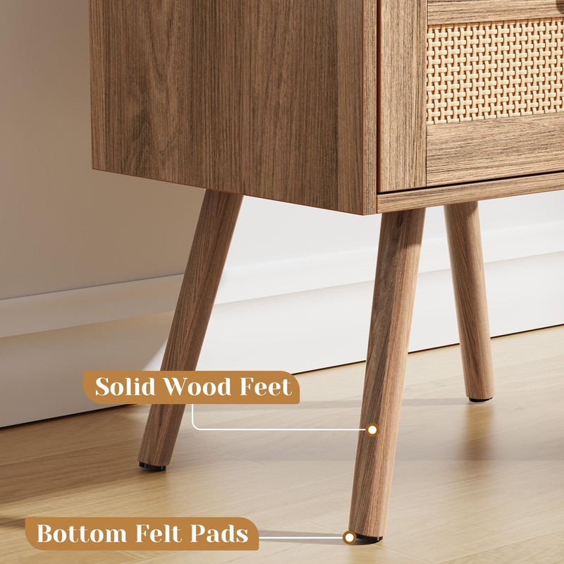 SUPERJARE Nightstand with Charging Station & Rattan-Like Decor Drawer, Rattan