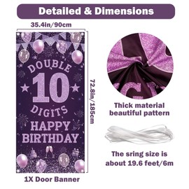 10th Birthday Decorations Door Banners - Purple Double Digits Backdrop Banner, Happy Birthday Large Size Porch Sign Background for Girls 10 Years Old Party Supplies(185x90cm)