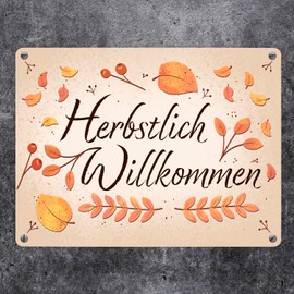 Autumn Welcome Metal Sign in 15 x 20 cm with Colourful Leaves Beautiful Tin Sign for Autumn Decorated with Leaves and Berries to Welcome Friends in Autumn