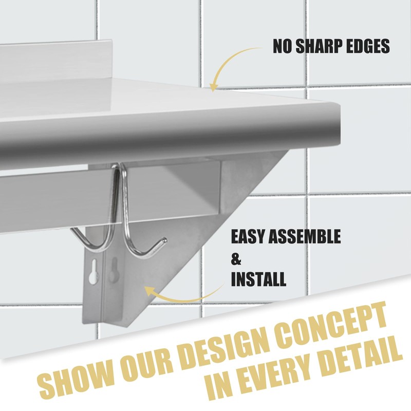 HALLY Stainless Steel Shelf with 6 Hooks 12" x 36"