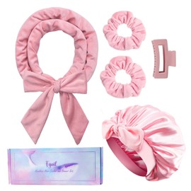 Fgail Heatless Hair Curler and Double Layer Satin Bonnet Set for Overnight Curls - No Heat Curling Rod with silk Bonnet, Sleep-In Safe for Long/Medium Hair, Frizz-Free Waves & Volume(Pink)