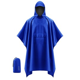 iCreek Hooded Rain Poncho with Pocket Waterproof Lightweight Unisex Raincoat Jacket for Hiking, Camping, Outdoor (Blue, Large)