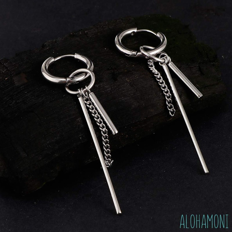 ALOHAMONI BTS Jungkook Hoop Earrings, Rods and Chains, 3-Chain Design,