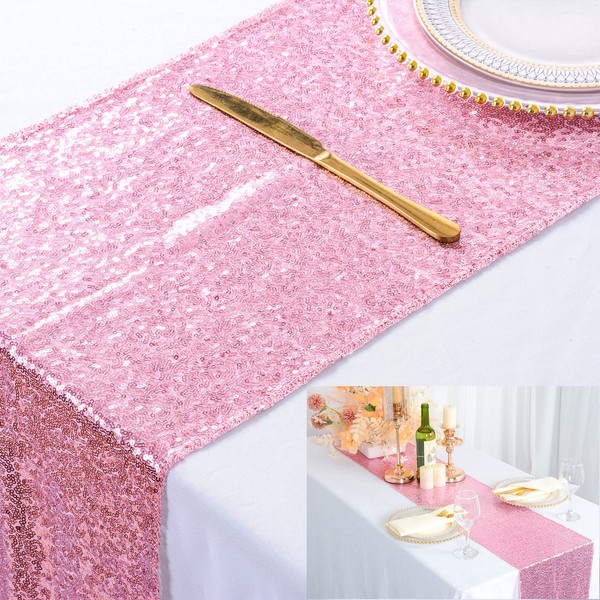 ShinyBeauty 12x72-Inch Sequin Table Runner Pink Gold for Wedding 30cm x 180cm Glitter Table Runner Dining Table Runner Happy Birthday Decorations