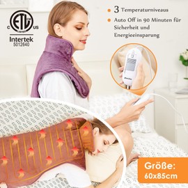 Heating pad for back shoulder neck 60 x 85 cm. Heating pad with automatic switch-off, fast heating, with waist strap, back warmer heating blanket 3 heat levels, auto-OFF timer, flannel material, washable, violet