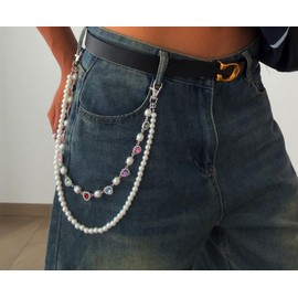 Layered Pearl Rhinstone Pants Chain Fashion Wallet Chain for Men Women Love Heart Pearl Pocket Jeans Chain Jewelry (Silver)