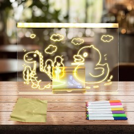Happykau LED Drawing Board, Notebook, Write and Erase Repeatedly, 7 Pens & 1 Cloth & Stand Included, High Brightness, Repeatable Usage, Children's Toy, Girls, Boys, Birthday, 11.8 x 7.9 inches (30 x