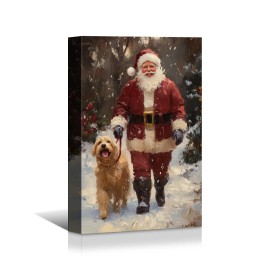 Santa Snowy Walk with Dog Canvas Artistic Christmas Decoration for Home Charming Canvas Art Perfect for Christmas Home Decorcolor: As shown, size: 16*24 inch