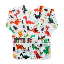BAHABY Kids Art Smocks Dinosaur Painting Aprons for Children Waterproof Artist Smock with Long Sleeve and 3 Pockets for Age 3-8 Years (White)